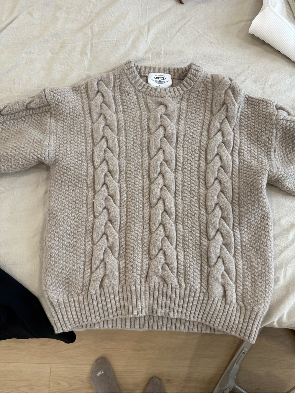 Aritzia Cable Knit Crewneck Sweater in Taupe